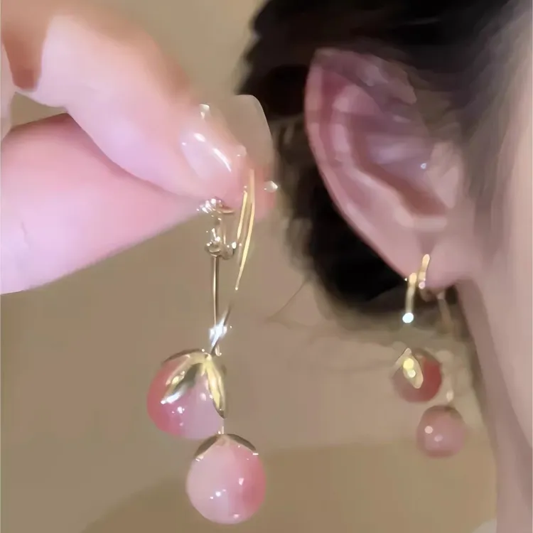 925银玻璃耳饰 小众设计樱桃银针耳环轻奢精致长款耳坠超仙甜美
