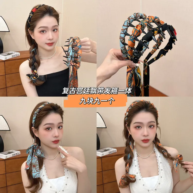 宫阙繁花飘带齿梳波浪高颅顶发箍正反两带复古宫廷发箍新娘头饰商品图