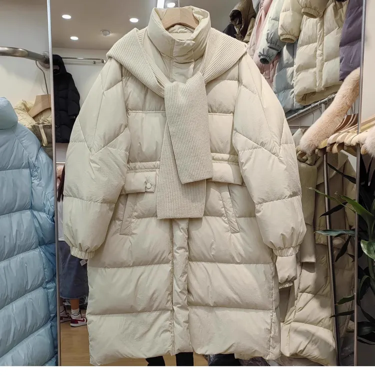 新款羽绒服女收腰中长款韩版过膝围巾加大码宽松白鸭绒冬季厚外套