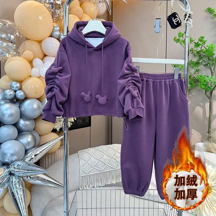 女童加绒套装秋冬装新款洋气儿童连帽宽松宝宝运动两件套冬季