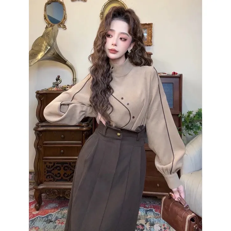 【511】衬衫气质显瘦时尚法式复古女装常规款拼接设计感立领小众