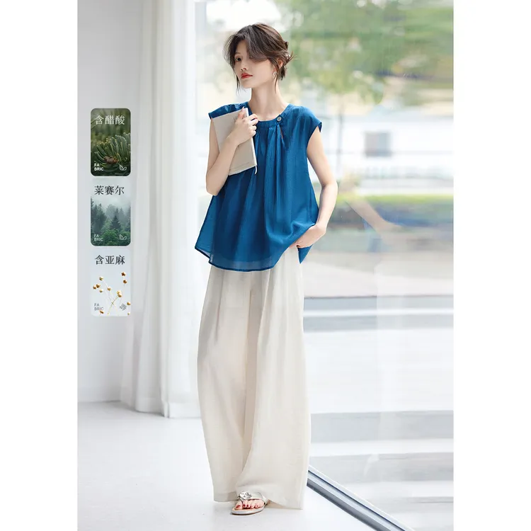 小个子百搭时尚衬衫阔腿裤两件套女2025夏季简约休闲度假显瘦套装