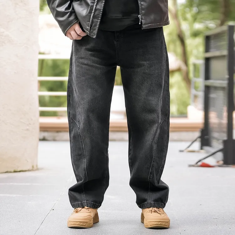 徐天霸大码潮牌水洗做旧立体剪裁弯刀裤显瘦锥形裤休闲阔腿牛仔裤