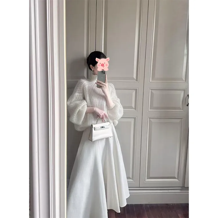 极简风时尚套装秋冬新款针织半高领休闲百搭长袖上衣大裙摆半身裙