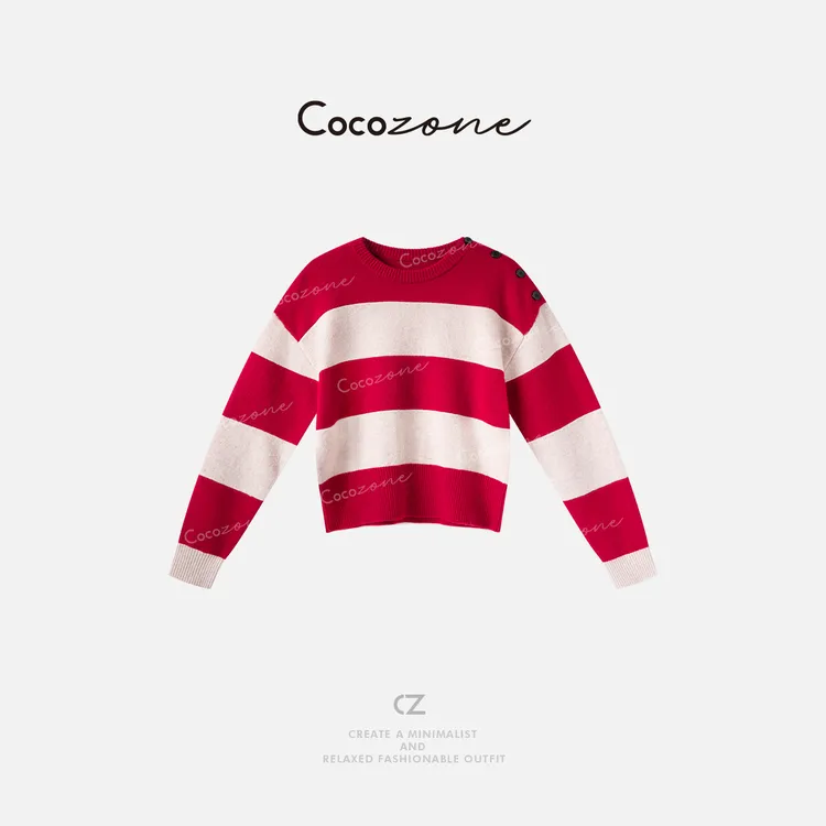 COCO ZONE 刘一一“红条拼接”100绵羊毛简约风毛织上衣CD1A1168