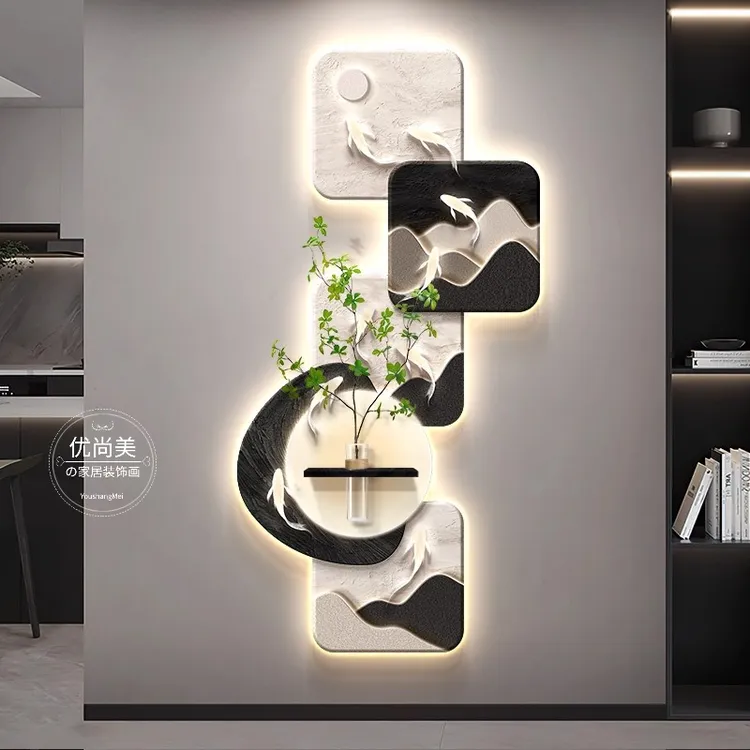 2025高级感玄关九鱼图装饰画走廊过道带灯挂画正对门入户轻奢壁画