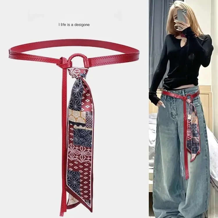 丝巾腰带配饰女丝带腰链皮带嘻哈朋克复古美式装饰牛仔裤带红色XF
