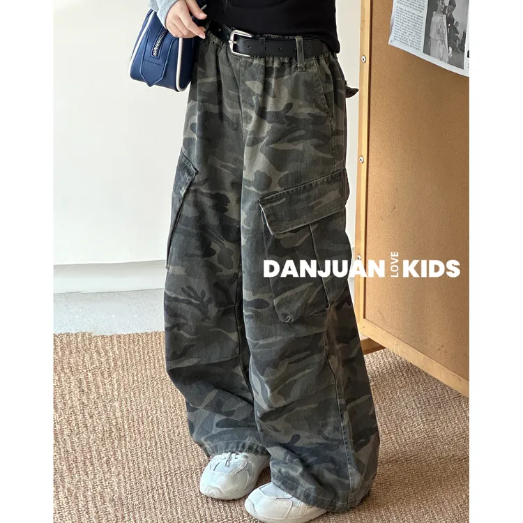 韩国2025秋季新款女童迷彩裤阔腿工装裤儿童秋装洋气百搭直筒裤子