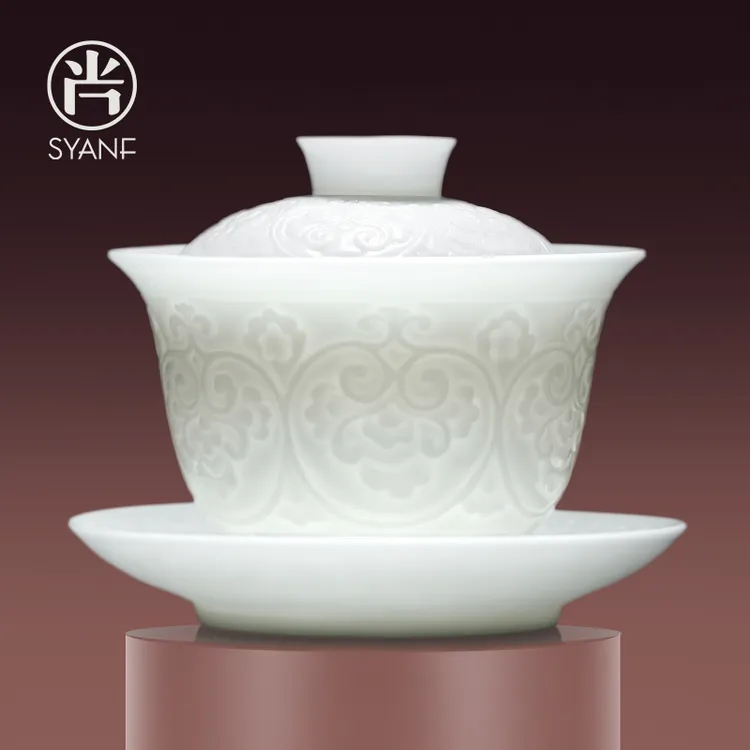 冰种手工浮雕三才盖碗家用羊脂玉茶碗不烫手一人饮三件套2025新款