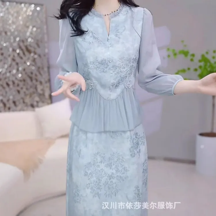 高级珠光缎气质提花刺绣套装礼服裙2025春夏新款上衣裙子两件套女