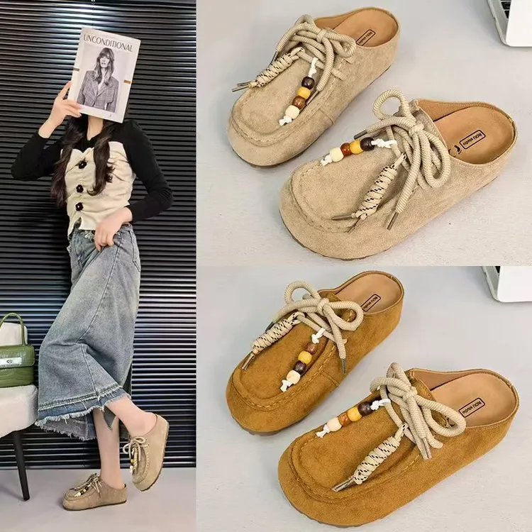 2025秋季新款潮流小个子增高休闲百搭懒人一脚蹬串珠包头勃肯鞋