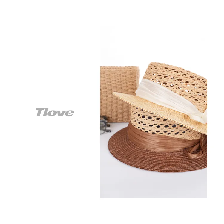 6831休闲风编织女草帽礼帽大檐女士平顶遮阳帽渔夫帽帽子