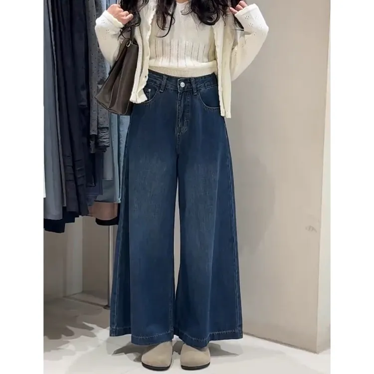 显瘦阔腿裤秋季新款女牛仔裤子梨形身材大码垂感蓝色裤子时尚百搭