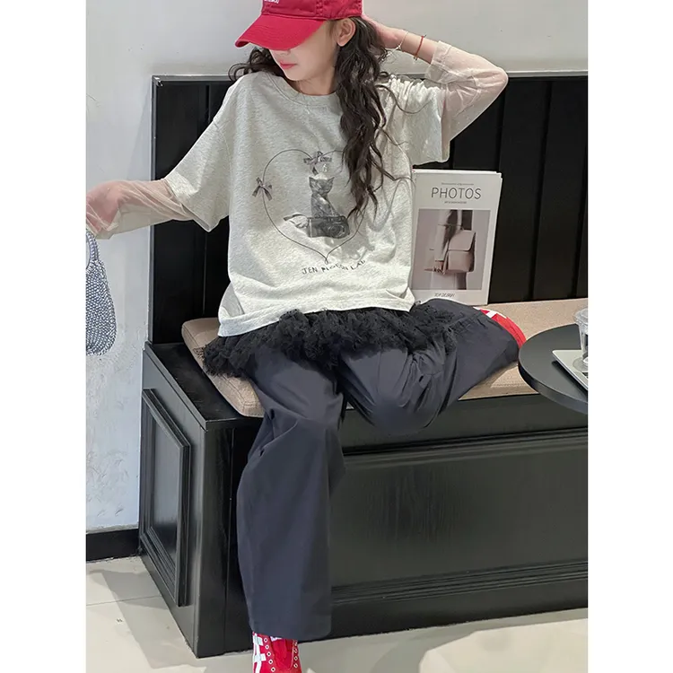 K28580网纱袖女童上衣T恤2025夏装新款大童儿童长袖休闲打底衫薄t