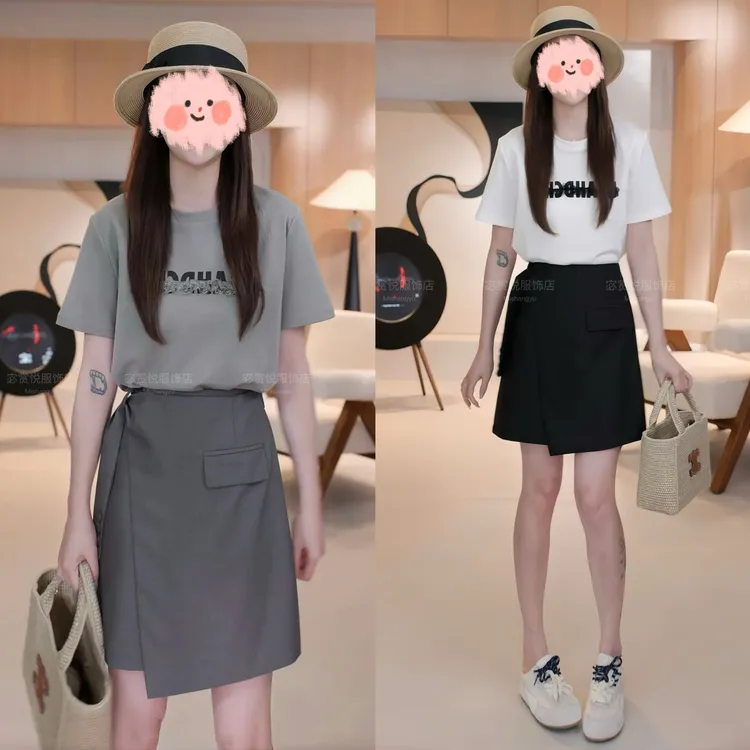 洋气衣服女2025夏季时尚蕾丝拼接字母短袖T百搭高腰短裙休闲套装