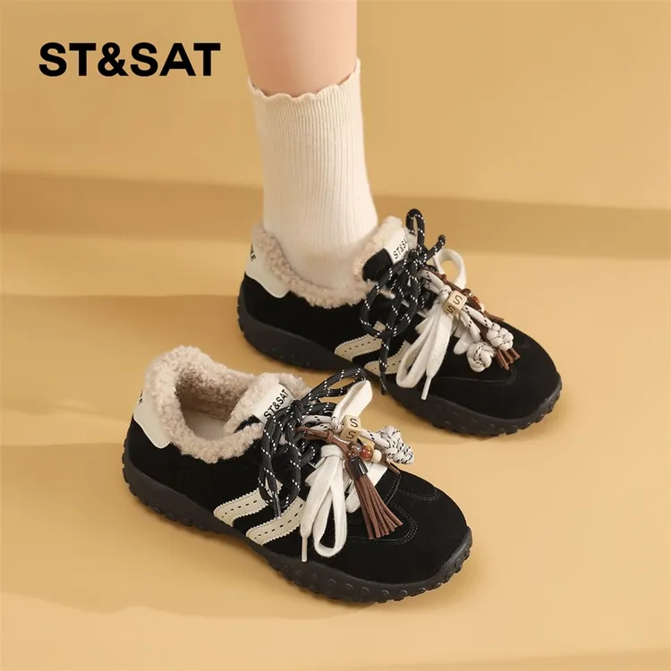 星期六厚底德训鞋女2025新款冬季加绒保暖复古流苏软底轻便休闲鞋