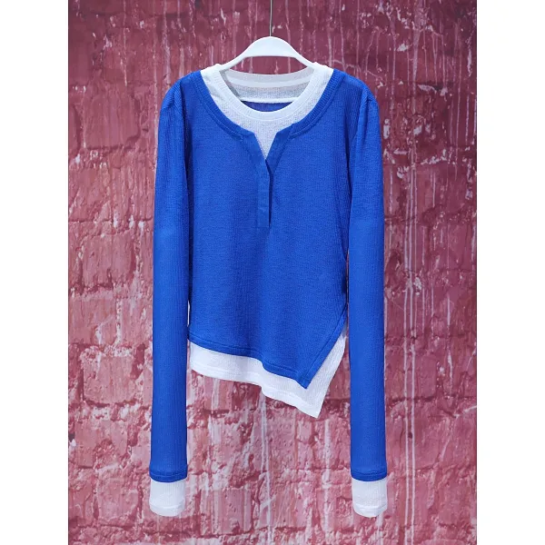 【韩哥女装】夏季卡布里蓝撞色冰丝网纱圆领防晒时尚休闲爽肤衣8563