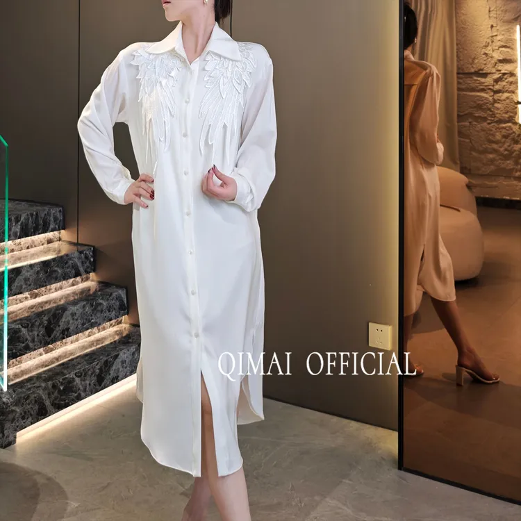 连衣裙女装中长款气质时尚百搭设计师显瘦白色宽松长袖轻奢70