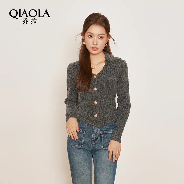 QIAOLA/乔拉【雾色画廊】秋季坑条毛织翻领单排扣百搭时尚套装