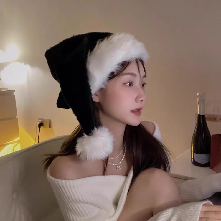 圣诞节黑色帽子女毛绒发饰品装饰潮配饰头饰新年派对拍照圣诞道具