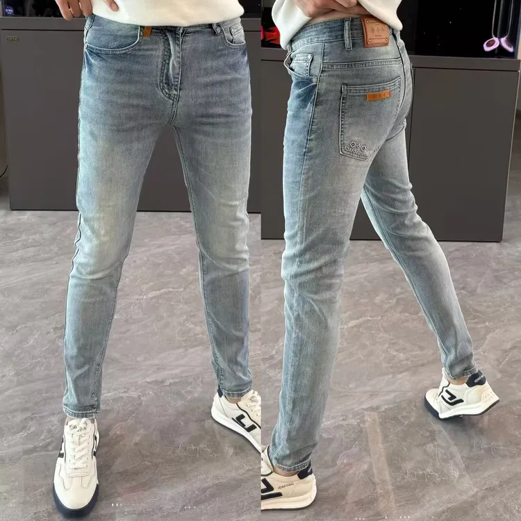 男裤夏季薄款牛仔裤男款潮流皮牌小脚裤时尚浅色长裤痞帅潮男裤子