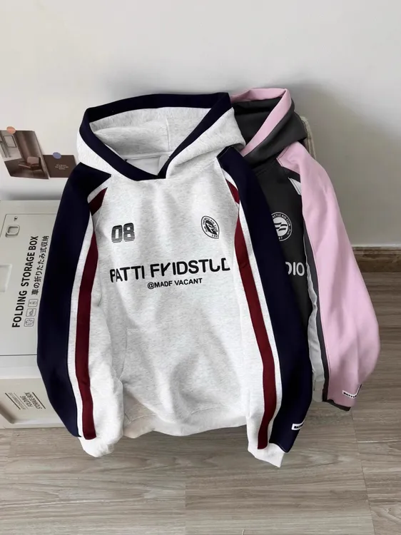 美式复古拼接撞色加绒连帽卫衣女秋冬加厚ins潮宽松高街百搭帽衫