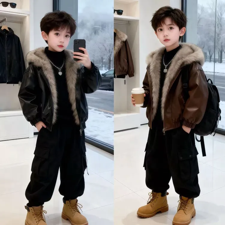 男童中大童韩版两面穿加绒皮衣外套秋冬儿童夹克