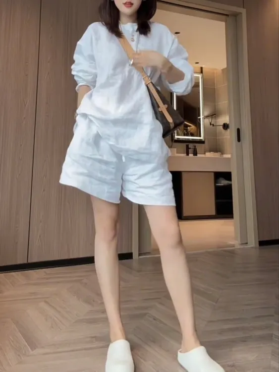 女森说夏季薄款慵懒风亚麻套装褶皱宽松显瘦时尚洋气透气两件套商品图