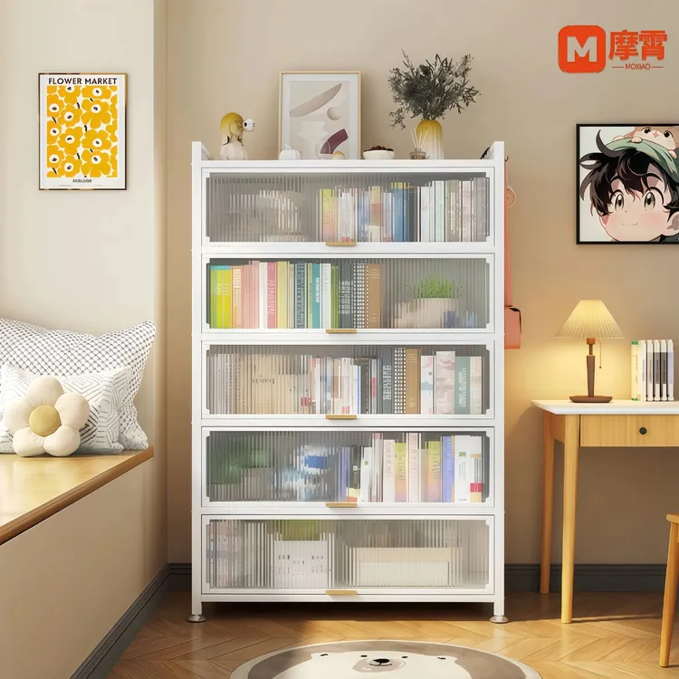 家用钢制防尘书柜儿童书架落地带门储物柜书房客厅书柜家用书柜