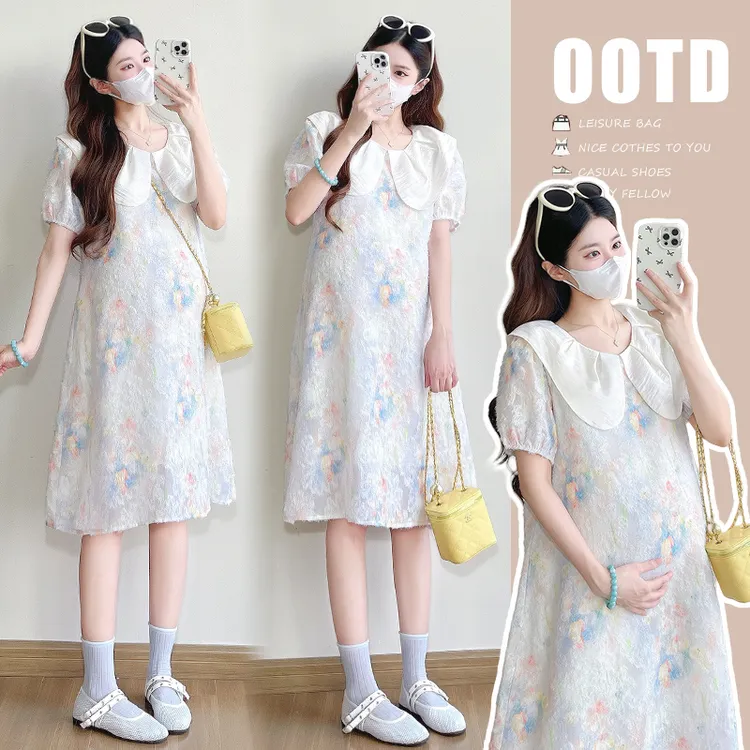 孕妇装2025新款法式提花多巴胺轻奢减龄孕妇连衣裙中长款夏季外穿