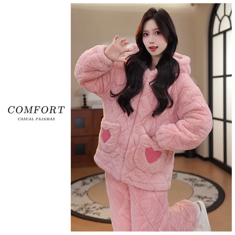 睡衣女冬季甜美风加绒加厚连帽三层夹棉保暖女士家居服套装可外穿