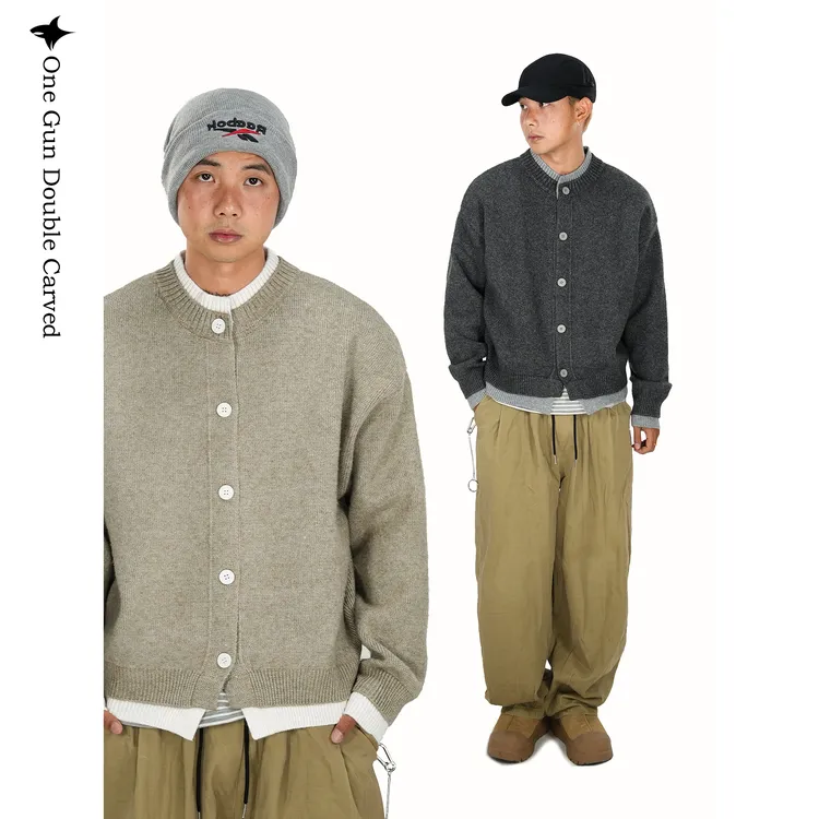 老颜原创双层假两件撞色排扣开衫毛衣男秋冬针织开衫加厚百搭外套