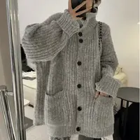 灰色高领毛衣外套女复古慵懒风软糯宽松韩版2025秋冬爆款针织开衫
