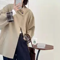 春秋立领学生褶皱风风衣拼接长袖口袋短款上衣外套