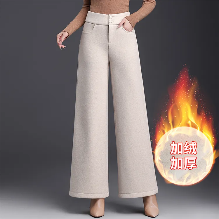 加绒羊毛呢阔腿裤女宽松裤子2025冬季新款高腰直筒休闲长裤大脚裤