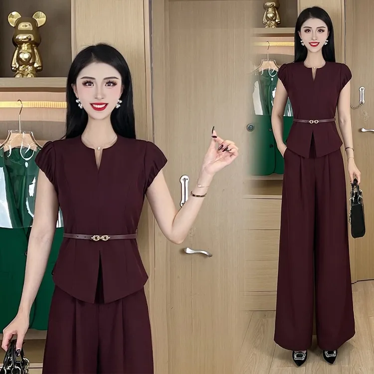 设计师款套装气质V领显瘦法式上衣2025夏季新款两件套收腰修身