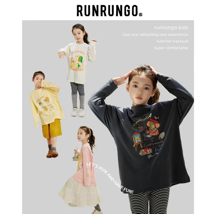 Runrungo【格雷系少女】纯色童趣印花长袖T儿童女童男童休闲流光