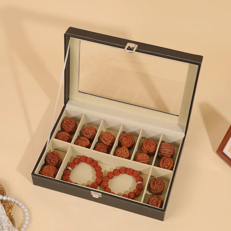 首饰盒/箱 文玩收纳盒核桃手串胡木纹皮手串大容量收藏防尘展示盒