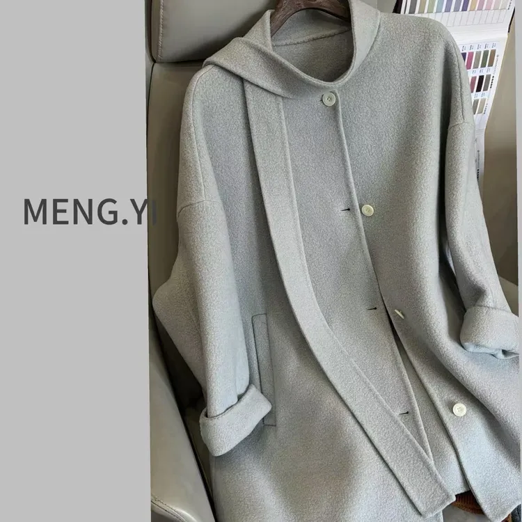 MENG.YI圈圈手工缝制韩系中长飘带羊毛大衣 5364