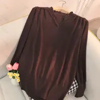 纪凡姬/3963-气质V形木耳边领子纯色钉珠休闲妈妈针织打底衫
