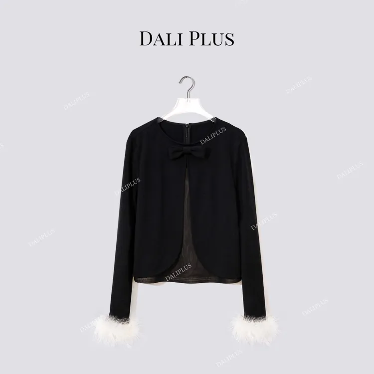 DALI PLUS鸵鸟毛加绒上衣”羊毛混纺蝴蝶结优雅温婉针织-D5ST1608