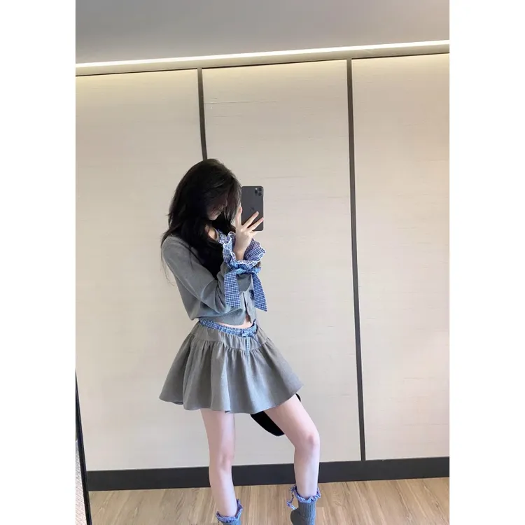 韩系学院风套装设计感拼接格子长袖上衣秋季高腰半身短裙两件套潮