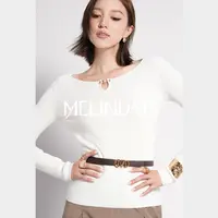 Melinda Li【宝石衫】绵羊毛水滴圆珠坑条修身显瘦套头长袖针织衫