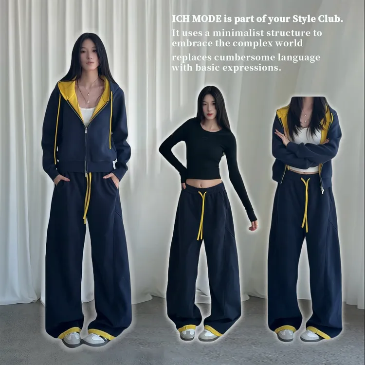 秋季拼接抽绳卫裤撞色短款卫衣外套休闲显瘦慵懒松弛套装