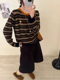 妮子严选撞色领南瓜字母条纹针织洋气减龄毛衣5332