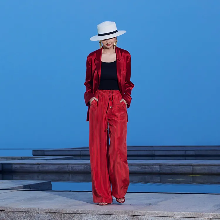 TRACYCHU当红不让全画幅立体印花红色真丝条纹抽绳休闲裤秋季新款