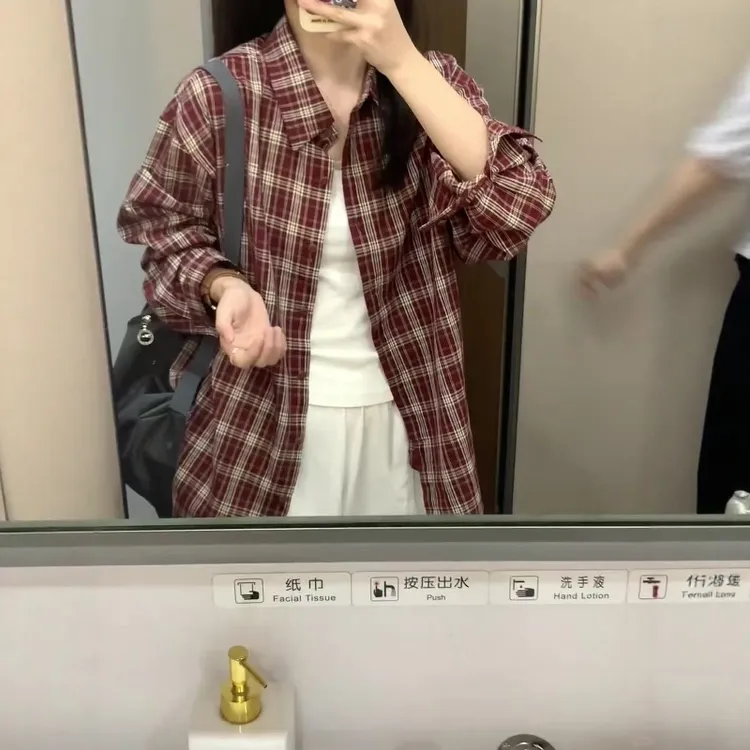 日系复古小众设计感翻领格子衬衫女2025秋季新款独特别致长袖外套