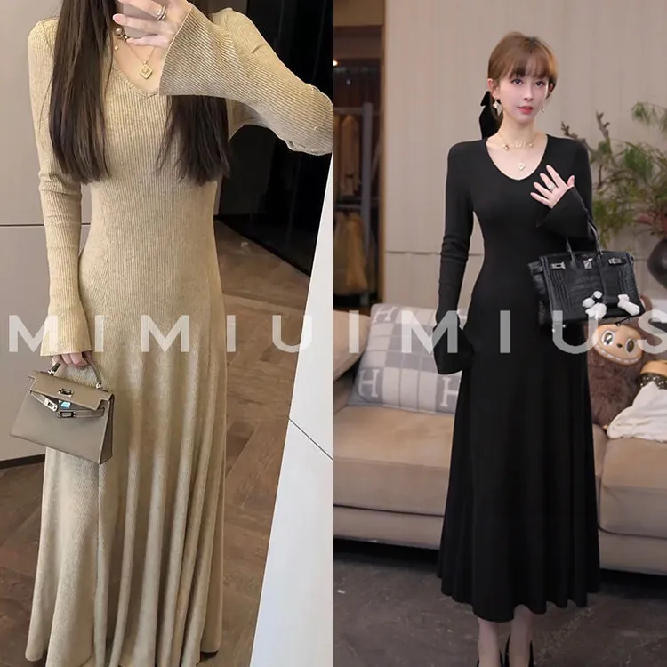 【mimius】P 高级感V领修身显瘦喇叭袖针织连衣裙 G10017