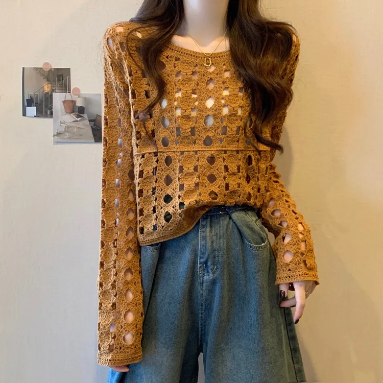 防晒罩衫钩花镂空法式设计感冰丝针织衫小个子波西米亚网织上衣女