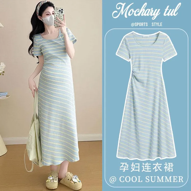 孕妇裙夏2025新款短袖条纹针织长裙夏季孕妈法式穿搭连衣裙修身女